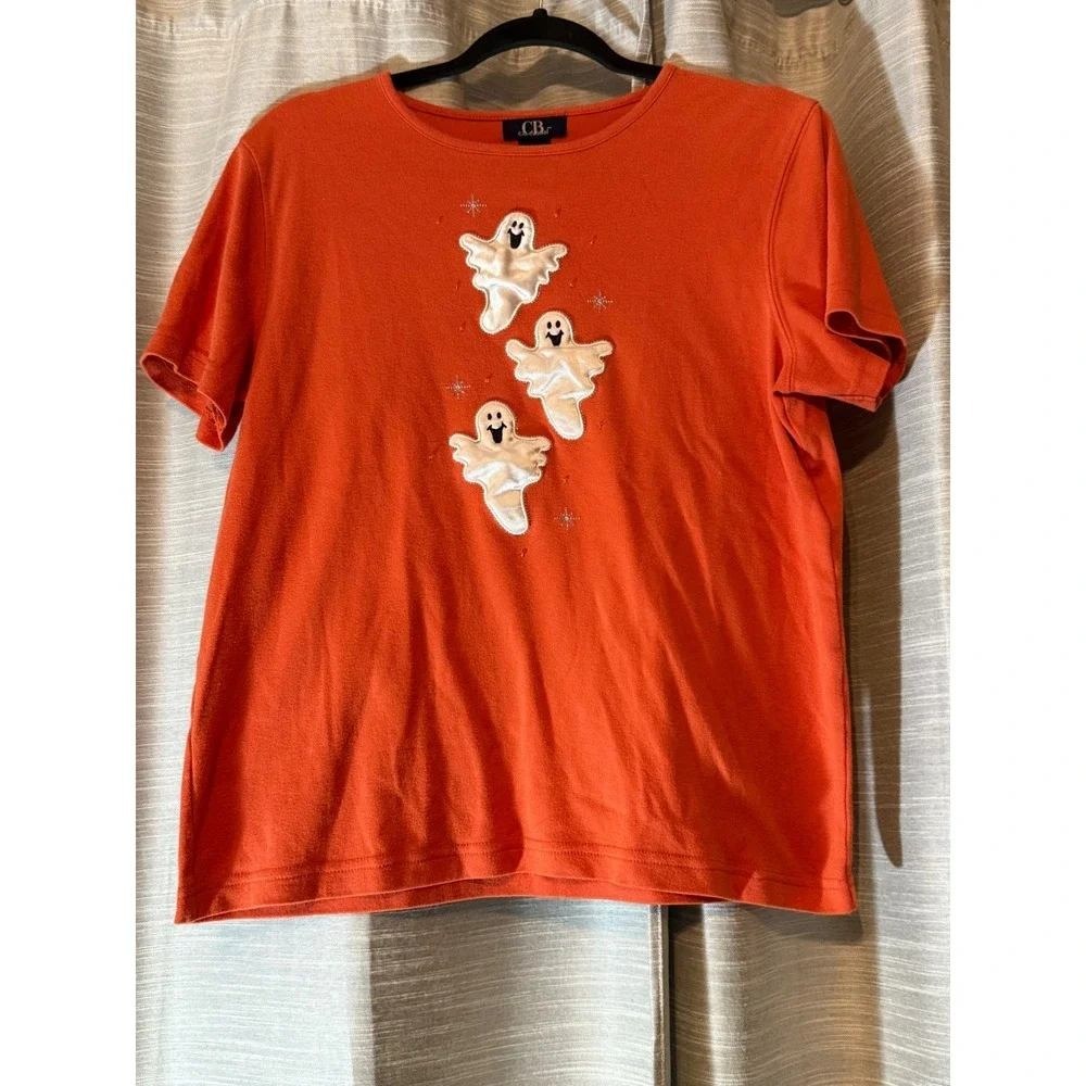 90s VTG C.B. Casual Halloween Ghost Shirt Women's Sz L Orange Embroidered Tee